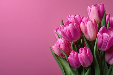 Fototapeta premium Flat lay of pink tulips on a soft pink background with copy space, minimalist pastel floral banner for spring themes and International Women's Day, top view in high-resolution with professional detail