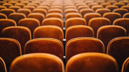 Fototapeta premium Empty rows of brown velvet theater seats in a dimly lit auditorium.