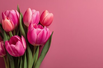 Obraz premium Flat lay of pink tulips on a soft pink background with copy space, minimalist pastel floral banner for spring themes and International Women's Day, top view in high-resolution with professional detail
