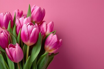 Fototapeta premium Flat lay of pink tulips on a soft pink background with copy space, minimalist pastel floral banner for spring themes and International Women's Day, top view in high-resolution with professional detail