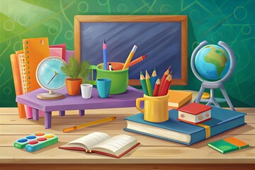 Colorful school supplies and books arranged on a wooden desk with a blackboard background