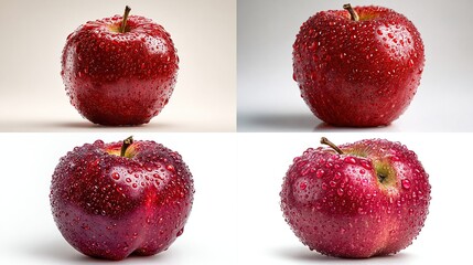 Four panels showcasing a shiny red apple with water droplets, lit differently against varying neutral backgrounds