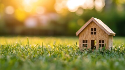 A wooden house model on a grassy lawn with a sunset in the background.