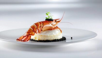 A beautifully plated gourmet dish of lobster tail and black caviar served on a white souffle for a fine dining experience.