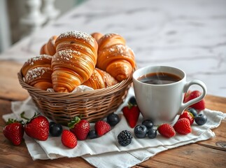 Fresh Flaky French Croissants and Coffee