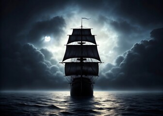 A dark galleon with full sails glides across a choppy sea under a dramatic cloudy sky with moonlight
