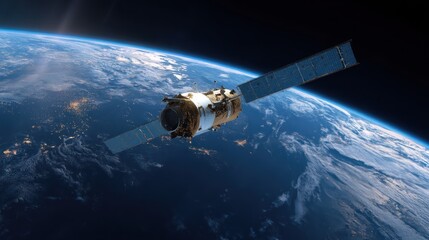 Obraz premium A satellite orbiting the Earth, with a view of the planet's surface below.