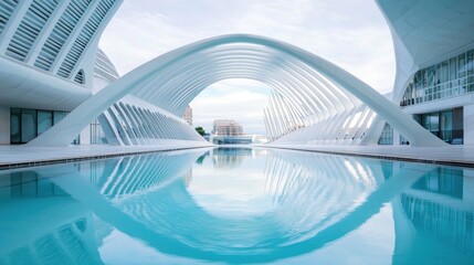 A modern, futuristic architectural structure with a curved, white facade and a pool in front.