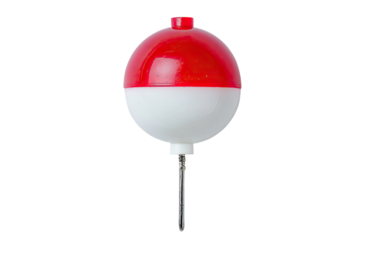Red and white fishing bobber, spherical