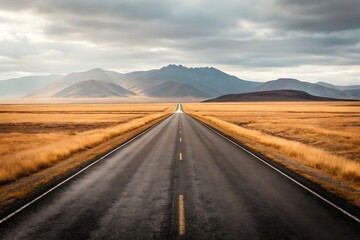 An empty asphalt road stretches through a vast golden grassland towards distant mountains under a cloudy sky