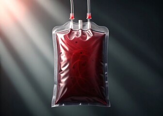 Close up high angle shot of a clear flexible blood bag filled with dark red liquid and hanging against a dark background with light rays