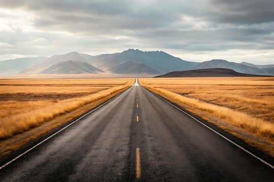 An empty asphalt road stretches through a vast golden grassland towards distant mountains under a cloudy sky