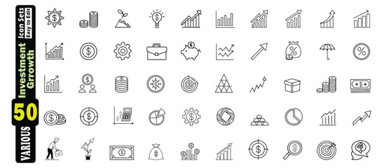 Collection of 50 black and white line art icons for investment and growth finance
