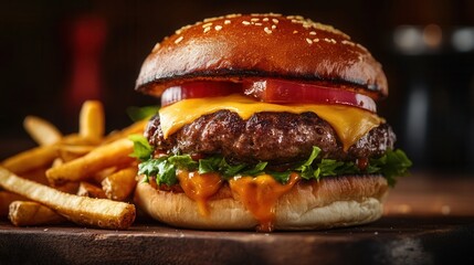 melting cheese and crispy fries, bold advertising shot with text space, soft blur background