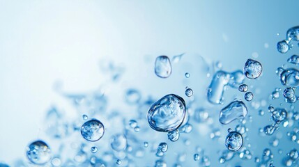 Water droplets against a blue background. The image captures the essence of purity and freshness.