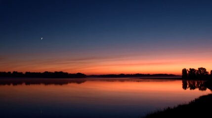 Obraz premium A serene lake at sunset with a crescent moon and a tree silhouetted against the horizon.
