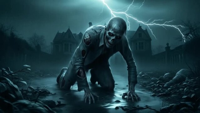 Terrifying zombie crawling on muddy ground with stormy lightning sky and haunted house in background creating dark horror scene. Halloween concept
