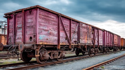 Fototapeta premium An old, rusted train car on a railway track with a cloudy sky in the background.