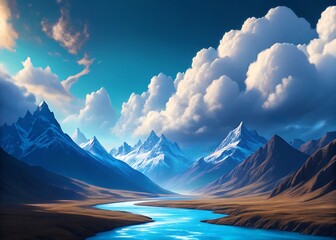 Majestic snow capped mountains with a winding turquoise river and dramatic clouds mountain landscape