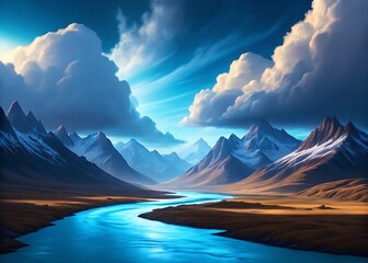 Majestic snow capped mountains with a winding blue river and dramatic clouds landscape water