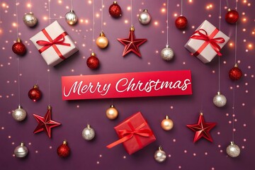 Overhead view of Christmas decorations including red and silver baubles red stars and gift boxes on a purple background with bokeh lights
