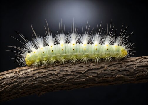 Pale green fuzzy caterpillar with white tufts and yellow spots on a textured branch against a dark background