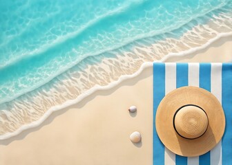 Top down view of a straw sun hat and striped beach towel on sandy shore with turquoise ocean waves and shells