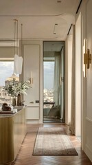 Interior showcases a hallway with natural light and a view of cityscape & flowers
