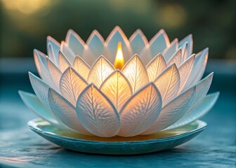 Translucent lotus flower candle with warm light glowing through petals on a textured surface flame