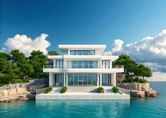 White multi-story villa with glass balconies on a rocky coastline beside turquoise water under a blue sky with clouds