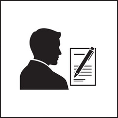 Man in suit silhouette writing on document with pen icon person