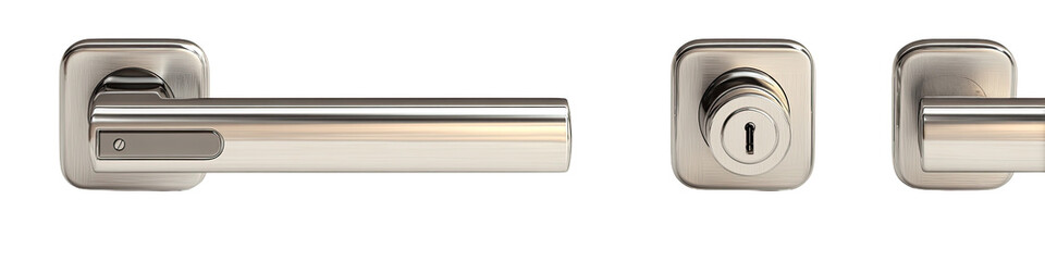 Two modern, brushed nickel door handles, one with a lever and the other with a keyhole