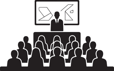 Man presenting to audience in front of screen with abstract shapes presentation speaker