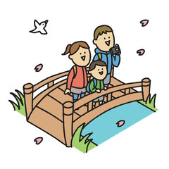 ハイキングで花見を楽しむ家族