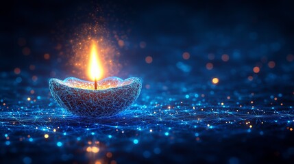 Glowing Diwali diya with digital wireframe design and sparkles on dark background