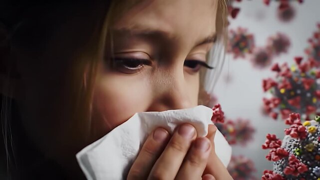 Young Child Sneezing Into Tissue with Coronavirus Particles on Background