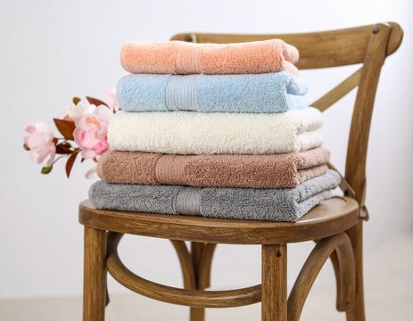 High-resolution close-up of a pastel towel stack on a rustic wooden stool. Colors include soft peach, baby blue, cream, and dove grey with visible towel texture and lighting highlights."