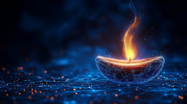 Futuristic Indian oil lamp glowing in a digital network mesh environment