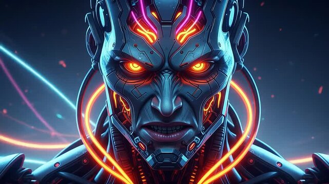 Intense Metallic Robot Face with Glowing Eyes and Neon Lighting on Dark Background