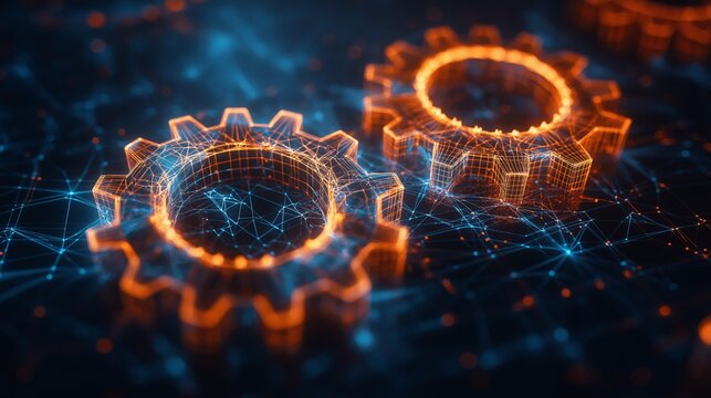 Futuristic gears in motion glowing in orange wireframe on digital blue mesh grid