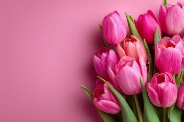 Fototapeta premium Flat lay of pink tulips on a soft pink background with copy space, minimalist pastel floral banner for spring themes and International Women's Day, top view in high-resolution with professional detail