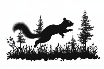Obraz premium Leaping squirrel in forest icon vector illustration isoleted on white background in black silhouette complex photo .