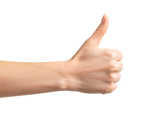 Female hand showing thumbs up gesture, isolated on transparent background