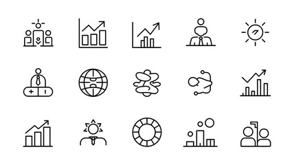 Fototapeta premium Set of modern business line icons representing data analysis, teamwork, management, growth, and digital strategy. Perfect for apps, presentations, infographics, and web design.