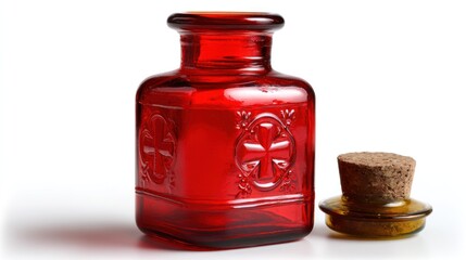 A red glass bottle with a cork stopper and a small cork on a white background.