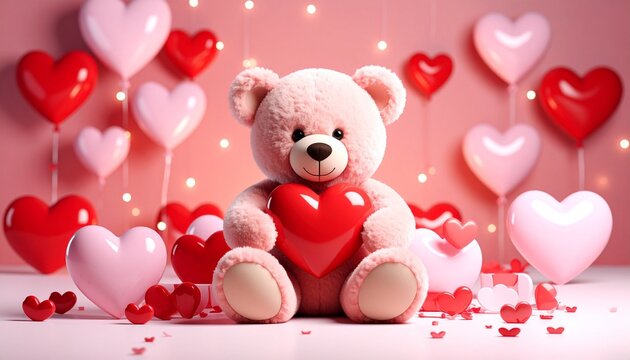 Pink teddy bear holding a red heart, surrounded by heart-shaped objects and confetti, with romantic bokeh background—evoking warmth, love, and Valentine’s charm.