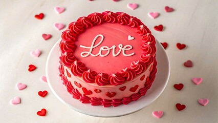Romantic red love cake with heart decorations and pink frosting for valentine celebration on white background

