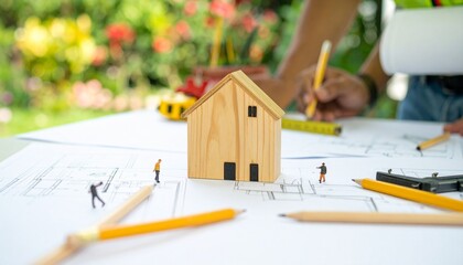 house model, architecture, blueprints, planning, design, miniature, figurines, colored pencils, landscaping, garden, flowers, greenery, concept art, construction, drafting, creativity, home, residenti