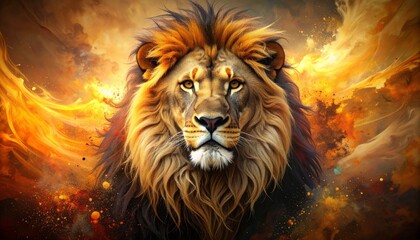 Fototapeta premium Majestic lion with vibrant mane against a swirling abstract backdrop—radiating strength, nobility, and artistic energy in a bold digital portrait.