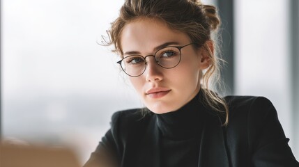 Fototapeta premium A young woman wearing glasses, sitting in front of a large window with a neutral background.